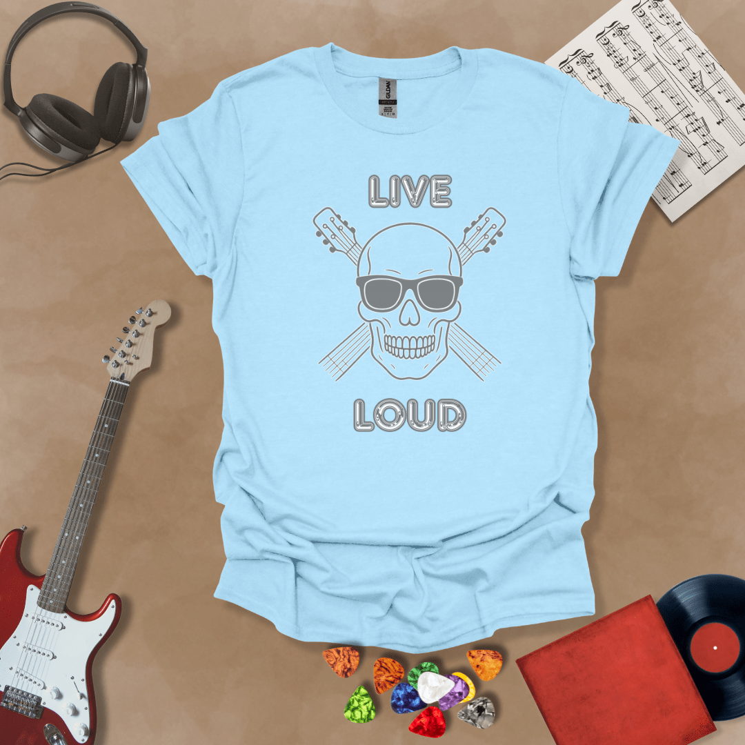 Light Blue t-shirt with Skull with sunglasses and crossed guitars, text 'Live Loud'