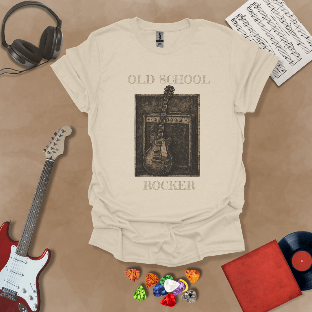 Beige t-shirt with Vintage style guitar and amp with text 'Old School Rocker'