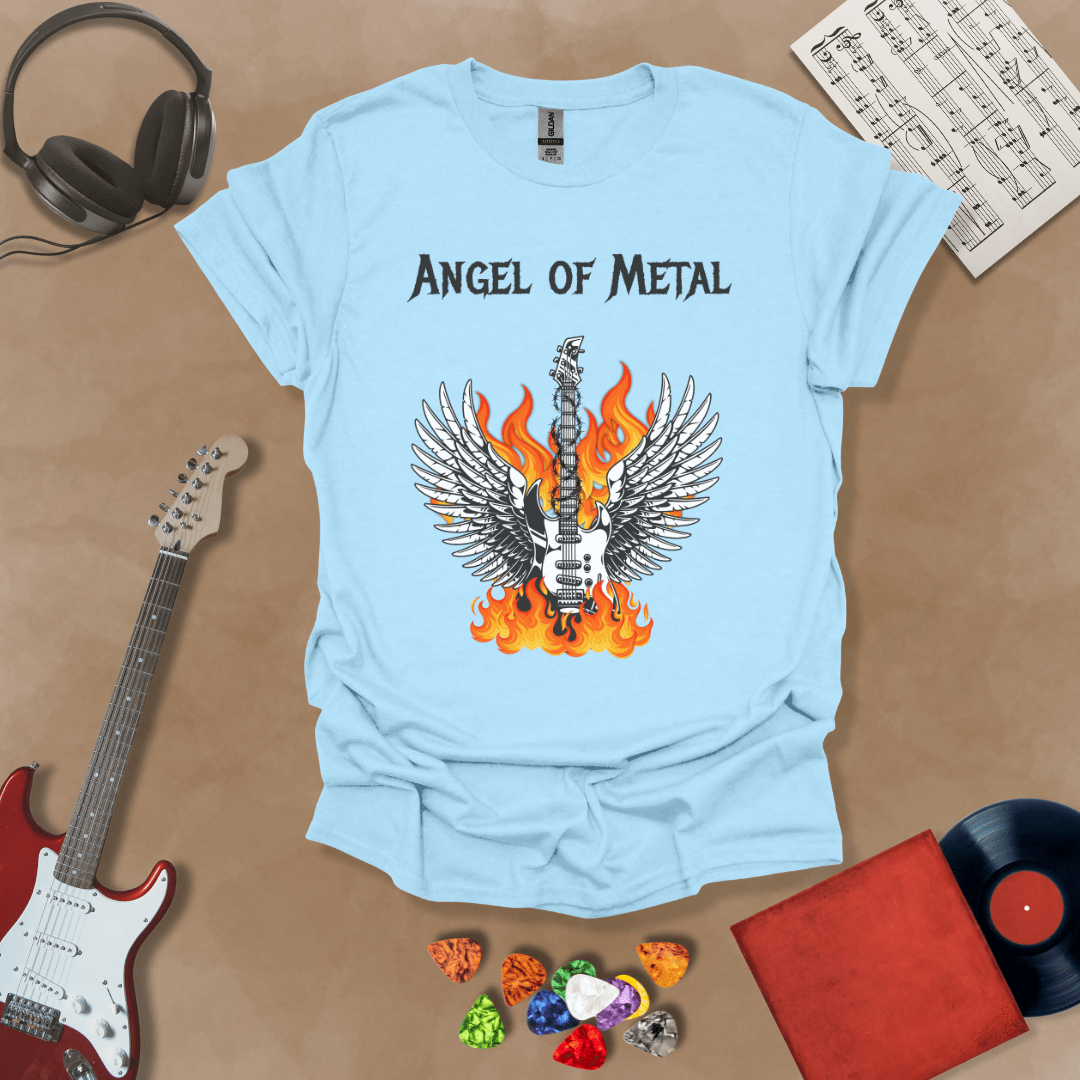 Light Blue t-shirt with Flaming guitar with angel wings, text 'Angel of Metal'