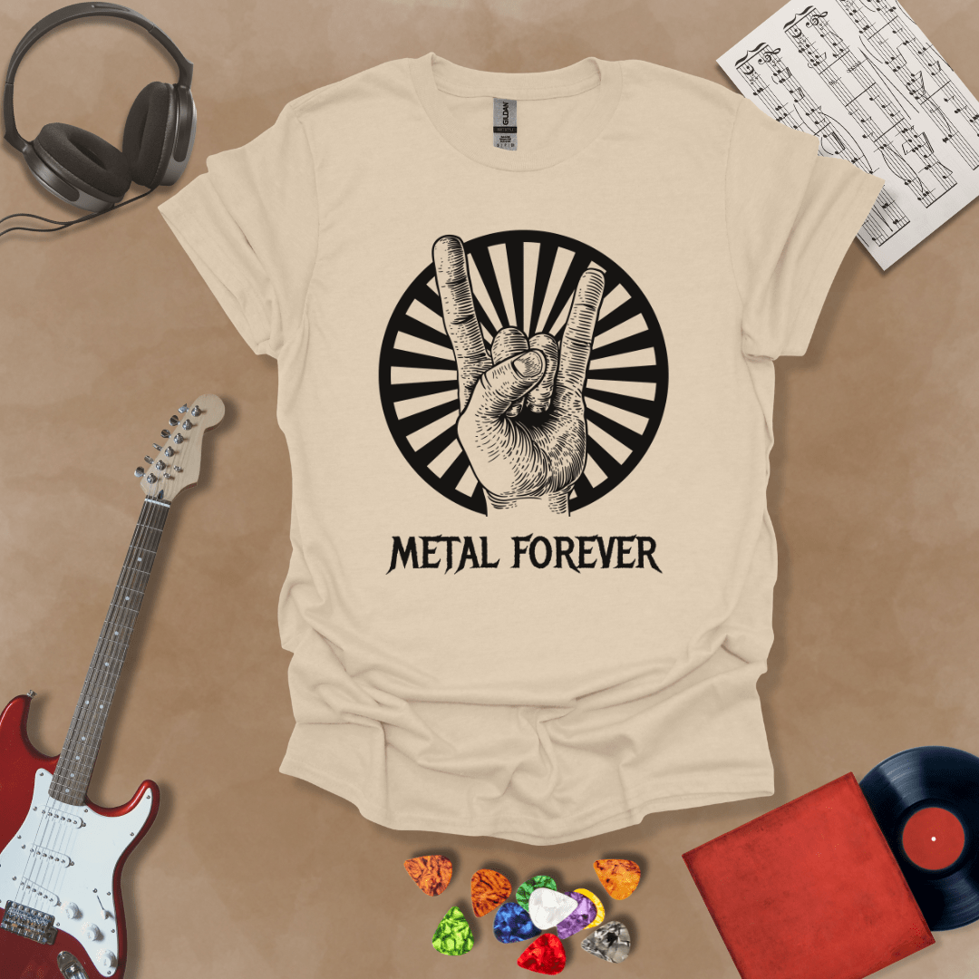 Beige t-shirt with Hand showing rock horns sign with rays, text 'Metal Forever'