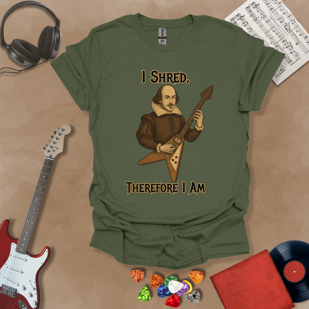 Medieval-inspired green t-shirt with bold lettering “I Shred, Therefore I Am” and guitar art.