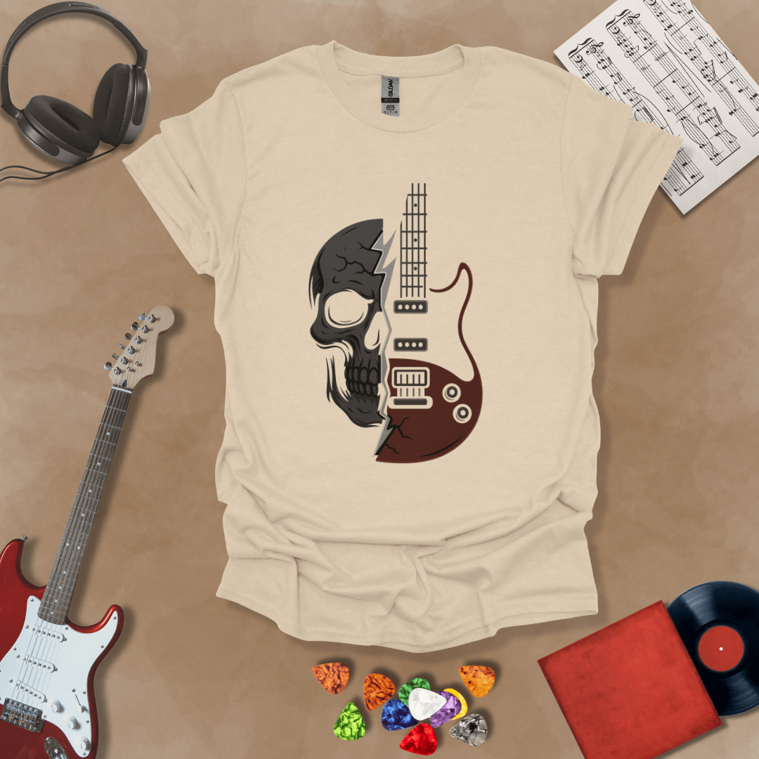 Beige t-shirt with design split into half skull and half guitar body.