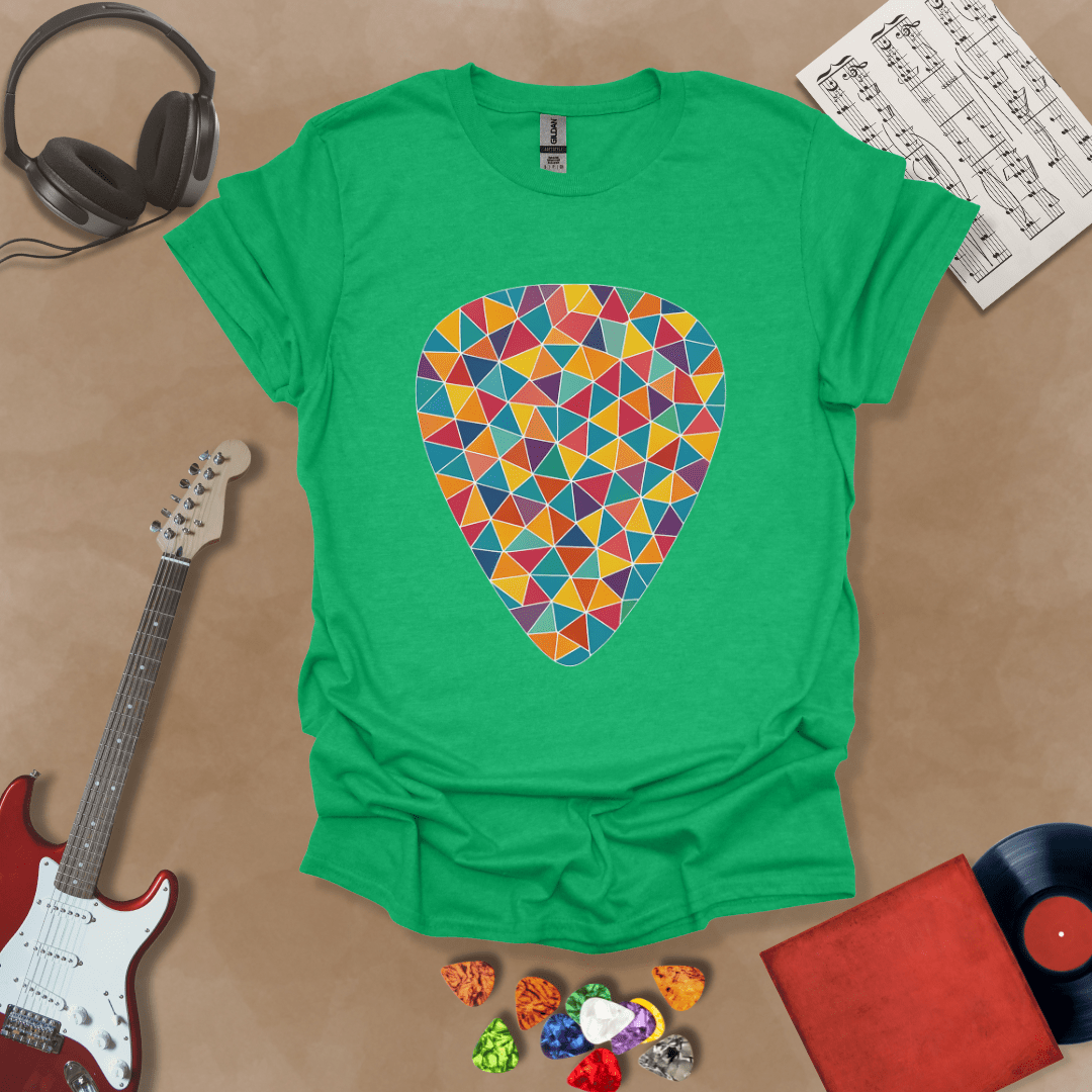 Green t-shirt featuring a colorful mosaic-style guitar pick design, made of puzzle-like shapes in multiple vibrant colors.