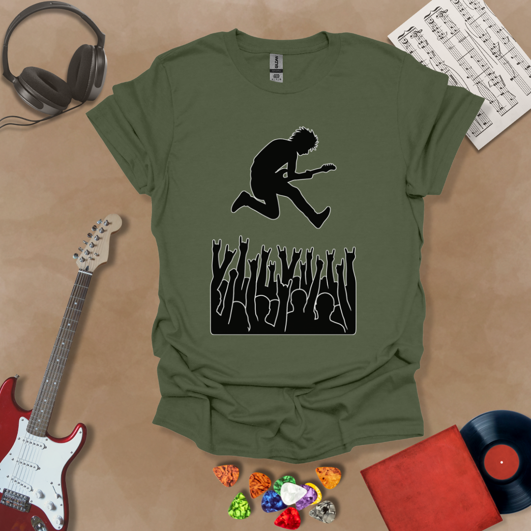Green t-shirt with silhouette of guitarist diving into crowd.
