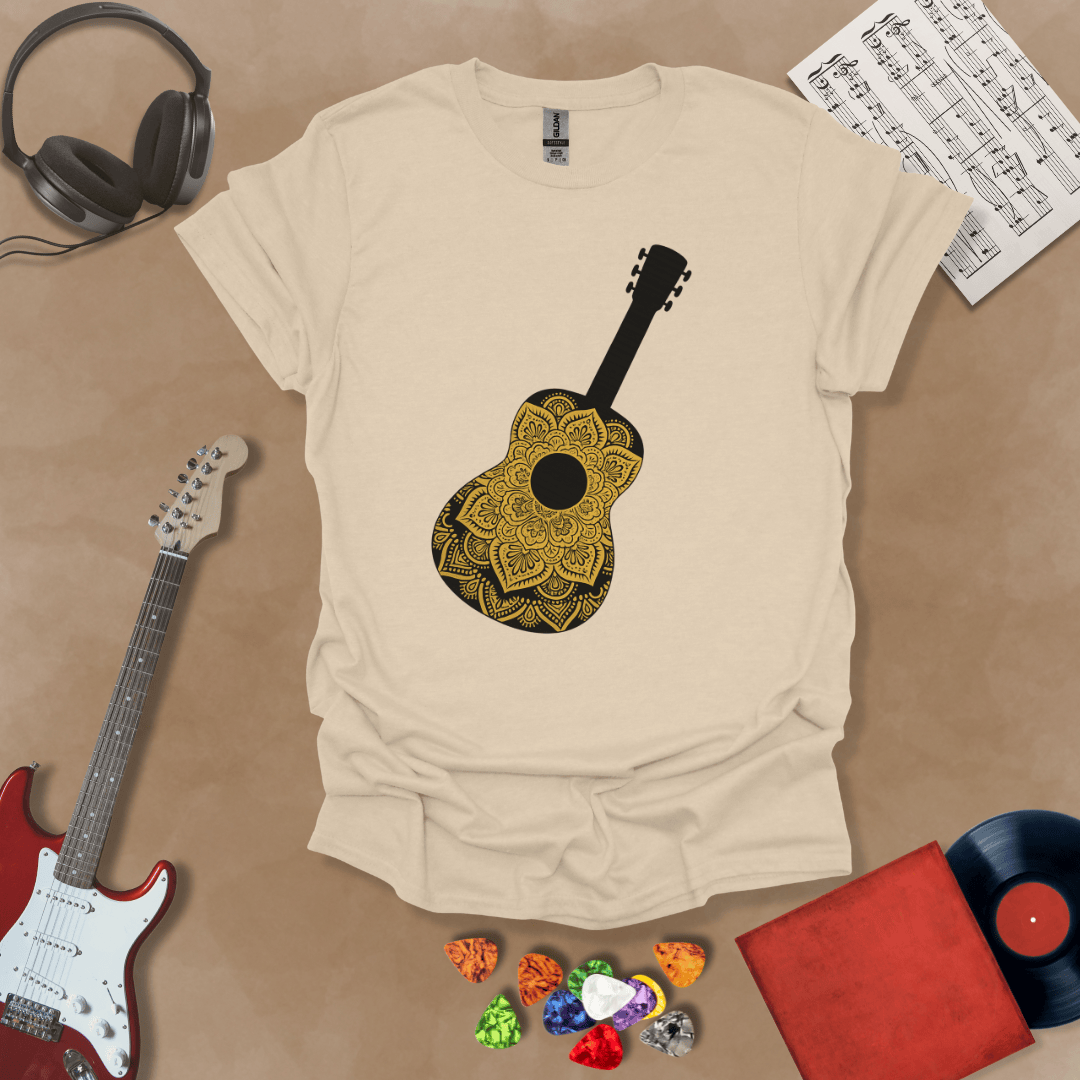 Beige t-shirt with mandala pattern shaped like guitar body.