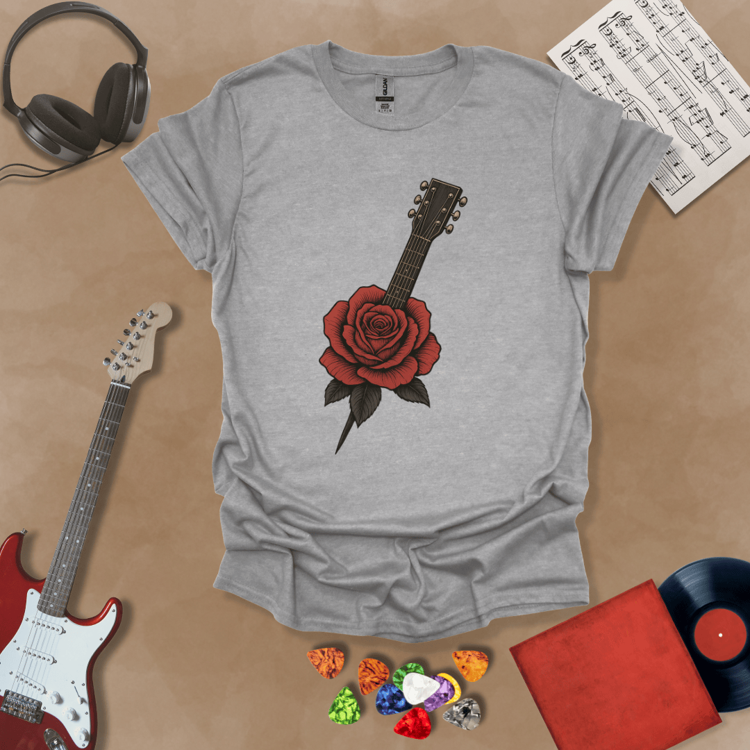Gray t-shirt with electric guitar wrapped in blooming roses.