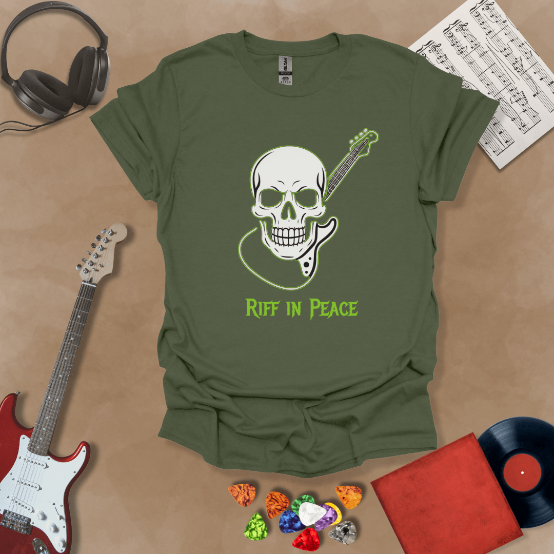 Green t-shirt with neon green skull graphic holding guitar neck, text “Riff in Peace.”