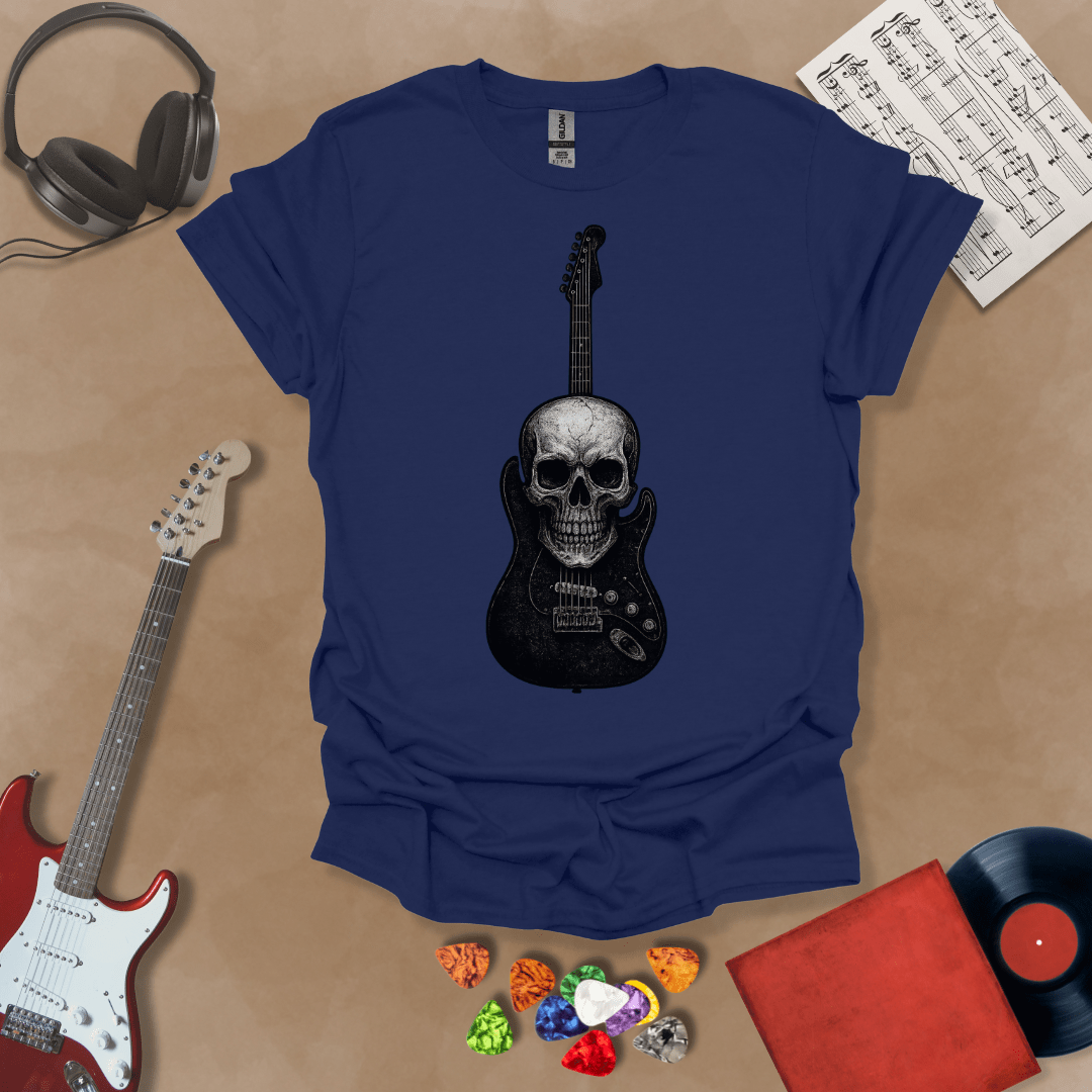Navy t-shirt with skull and guitar graphic