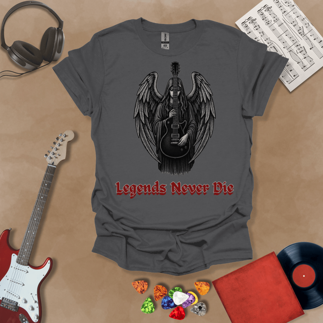 Gray guitar inspired T-shirt in the Fallen Angel Collection of Legends Never Die (Reborn) gothic artwork of Angel holding guitar with Bold, Red text of Legends Never Die, a Riff Junkie design