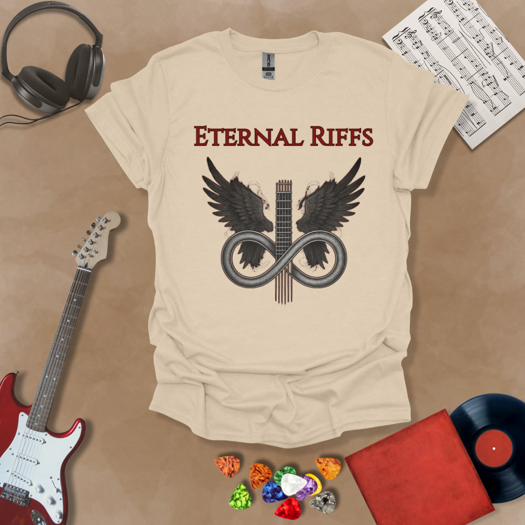 Beige guitar inspired t-shirt in the Fallen Angel Collection with angel wings and Eternal Riffs text, dark design by Riff Junkie