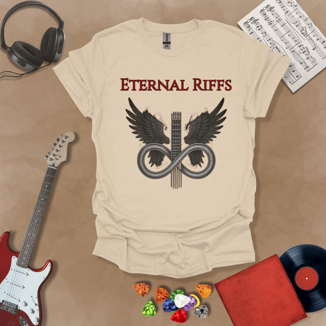 Beige guitar inspired t-shirt in the Fallen Angel Collection with angel wings and Eternal Riffs text, dark design by Riff Junkie