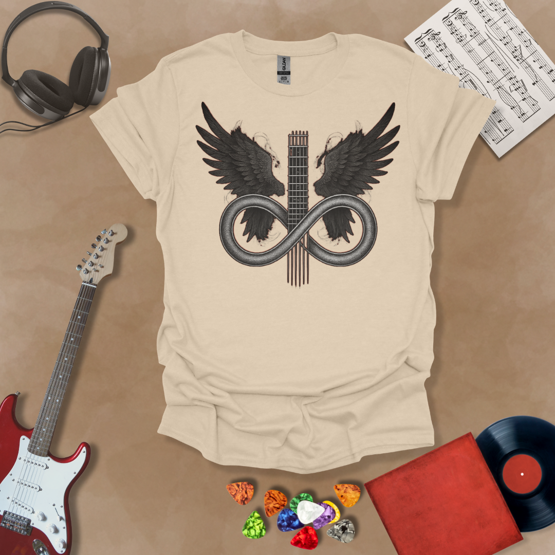 Beige T-shirt featuring a silver infinity symbol merging with a guitar neck and angel wings—Fallen Angel: Eternal Riffs design by Riff Junkie.