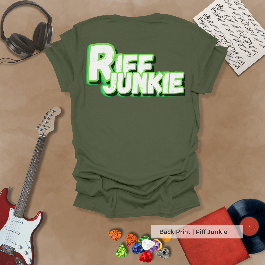 Shred Dept Classic Groove Edition t-shirt with chrome front print and electric green Riff Junkie logo on back.