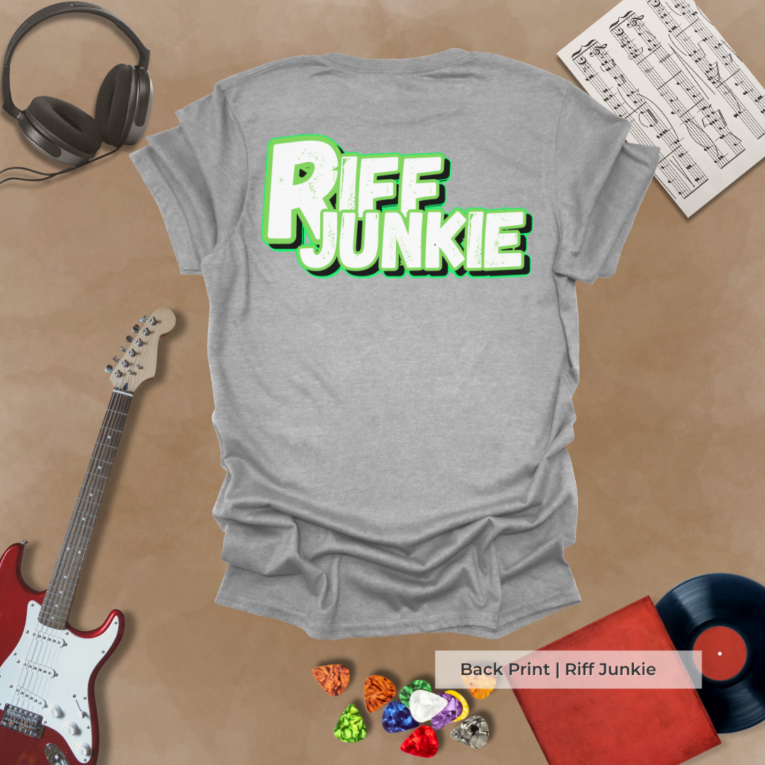 Shred Dept Light Edition t-shirt with metallic chrome design and light glow Riff Junkie back logo.