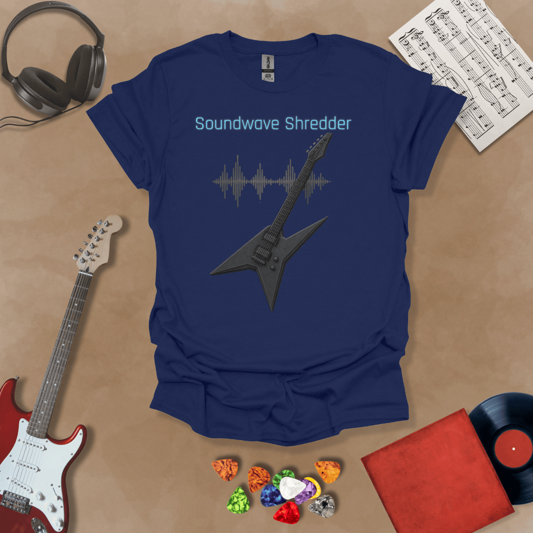 Navy Guitar t-shirt with distorted soundwave graphic and electric blue text reading “Soundwave Shredder.”
