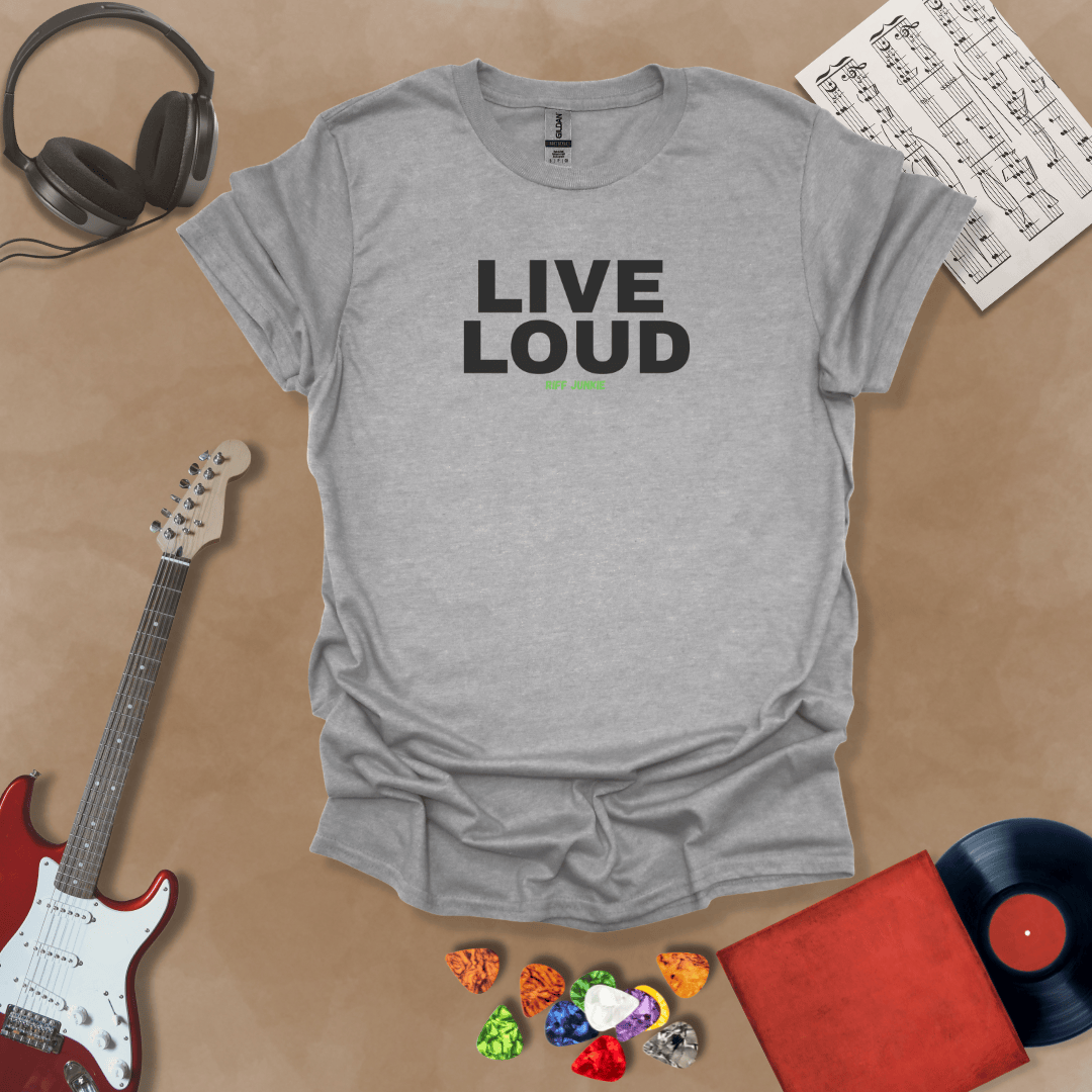 Live Loud – Jax Edition gray graphic t-shirt featuring bold stacked text with minimalist guitar headstock accent and subtle Riff Junkie branding. Motivational guitar apparel design.