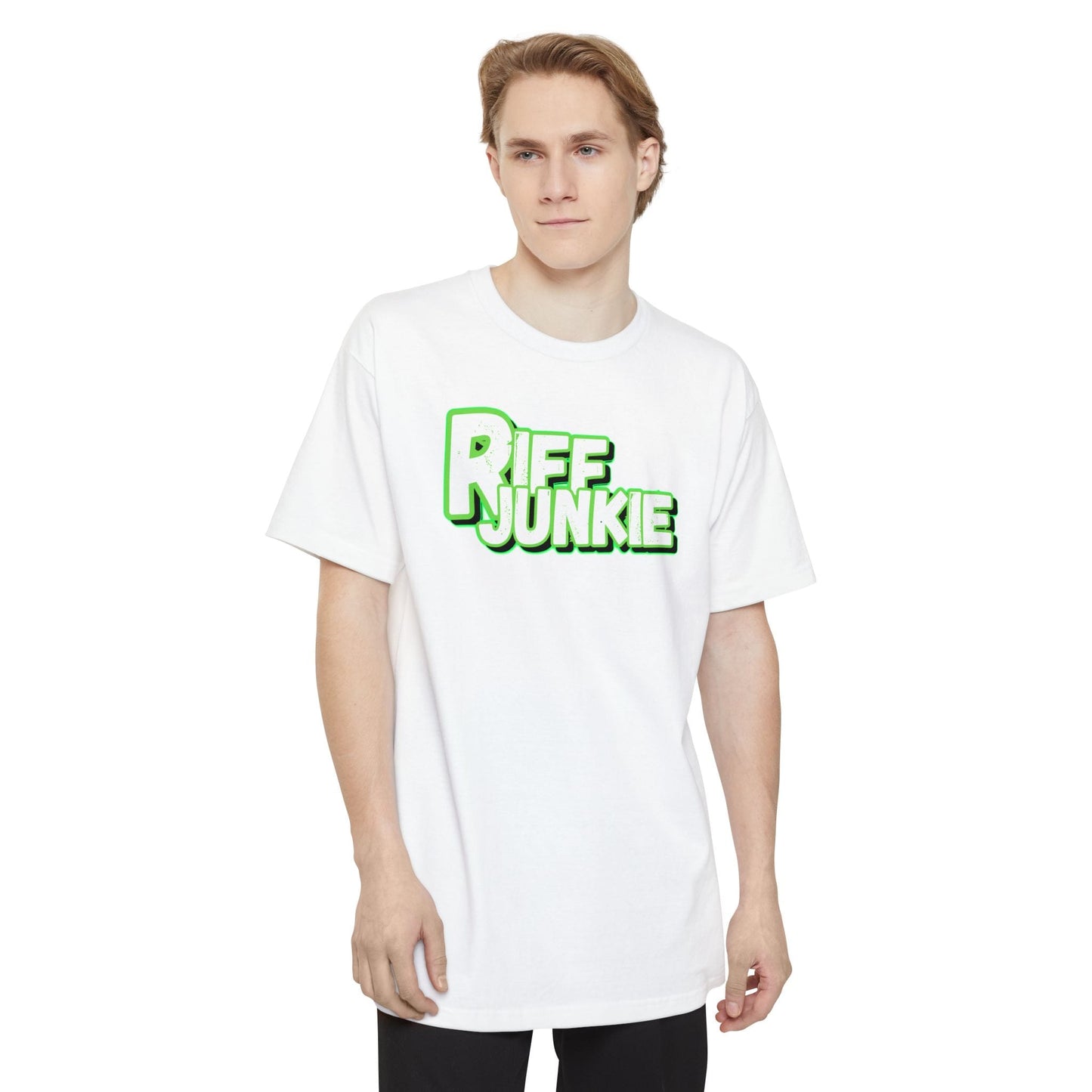 A man wearing a white t-shirt featuring a bold graphic on the chest that reads 'RIFF JUNKIE' in a stylized green and white font, displayed against a solid white background.