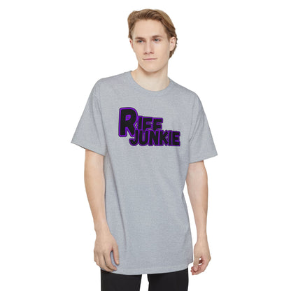A man wearing a black Riff Junkie Logo Stage Lights Edition Tall Fit t-shirt gray featuring a glowing purple guitar-inspired logo on the front, designed with extra length for a comfortable fit.