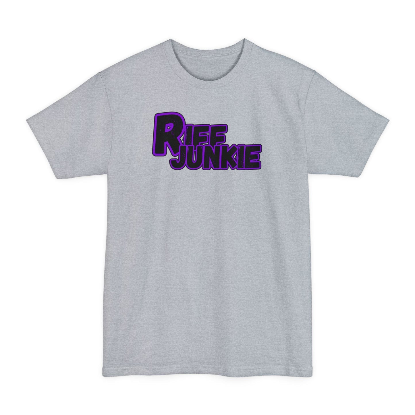 A gray Riff Junkie Logo Stage Lights Edition Tall Fit gray t-shirt featuring a glowing purple guitar-inspired logo on the front, designed with extra length for a comfortable fit.
