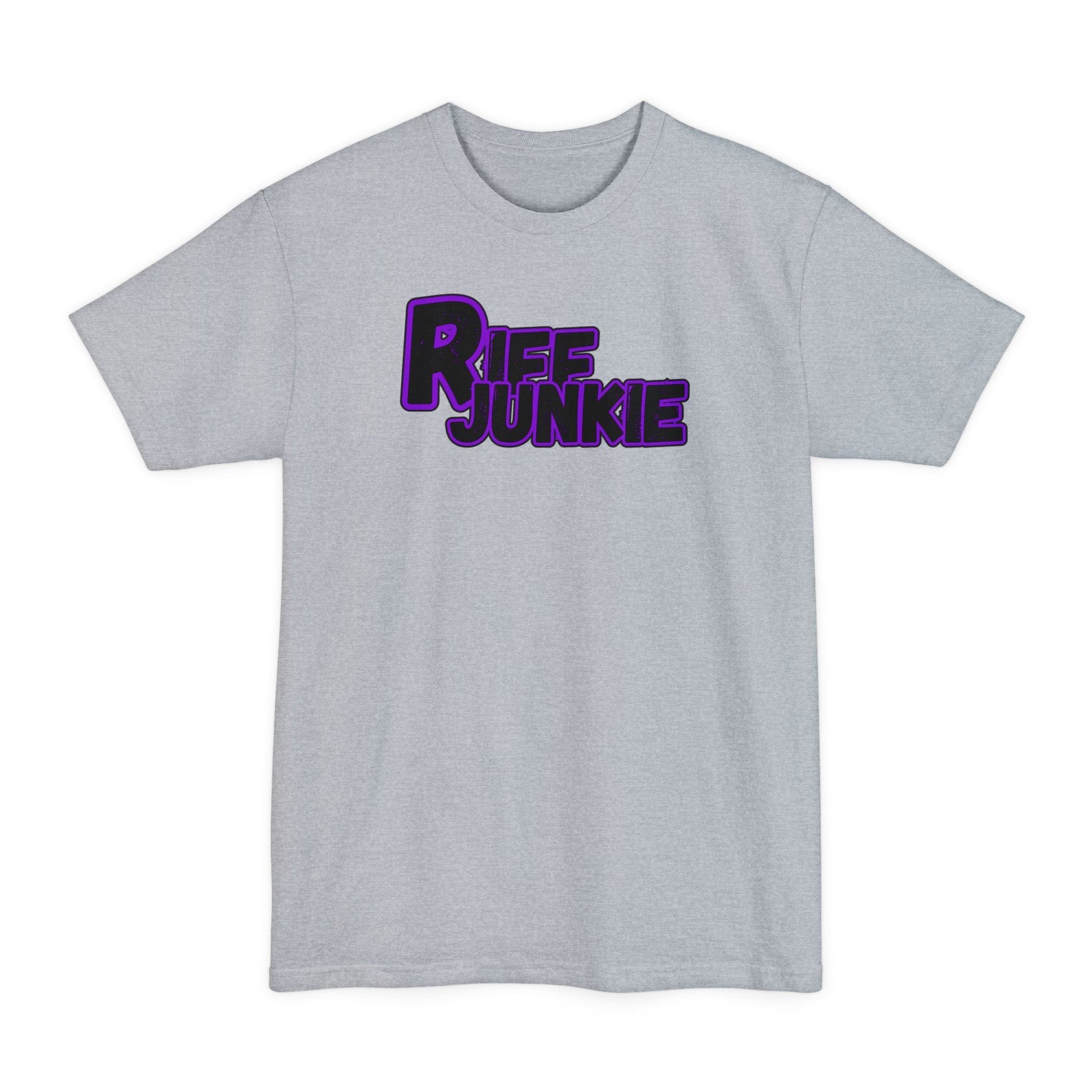 A gray Riff Junkie Logo Stage Lights Edition Tall Fit gray t-shirt featuring a glowing purple guitar-inspired logo on the front, designed with extra length for a comfortable fit.