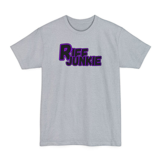 A gray Riff Junkie Logo Stage Lights Edition Tall Fit gray t-shirt featuring a glowing purple guitar-inspired logo on the front, designed with extra length for a comfortable fit.