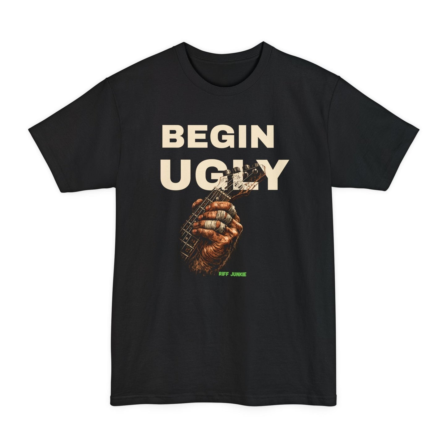 A black short-sleeve t-shirt featuring a graphic print on the front. The design displays the text 'BEGIN UGLY' in a distressed cream-colored font above an illustration of a hand holding a guitar, with  "Riff Junkie" in neon green.