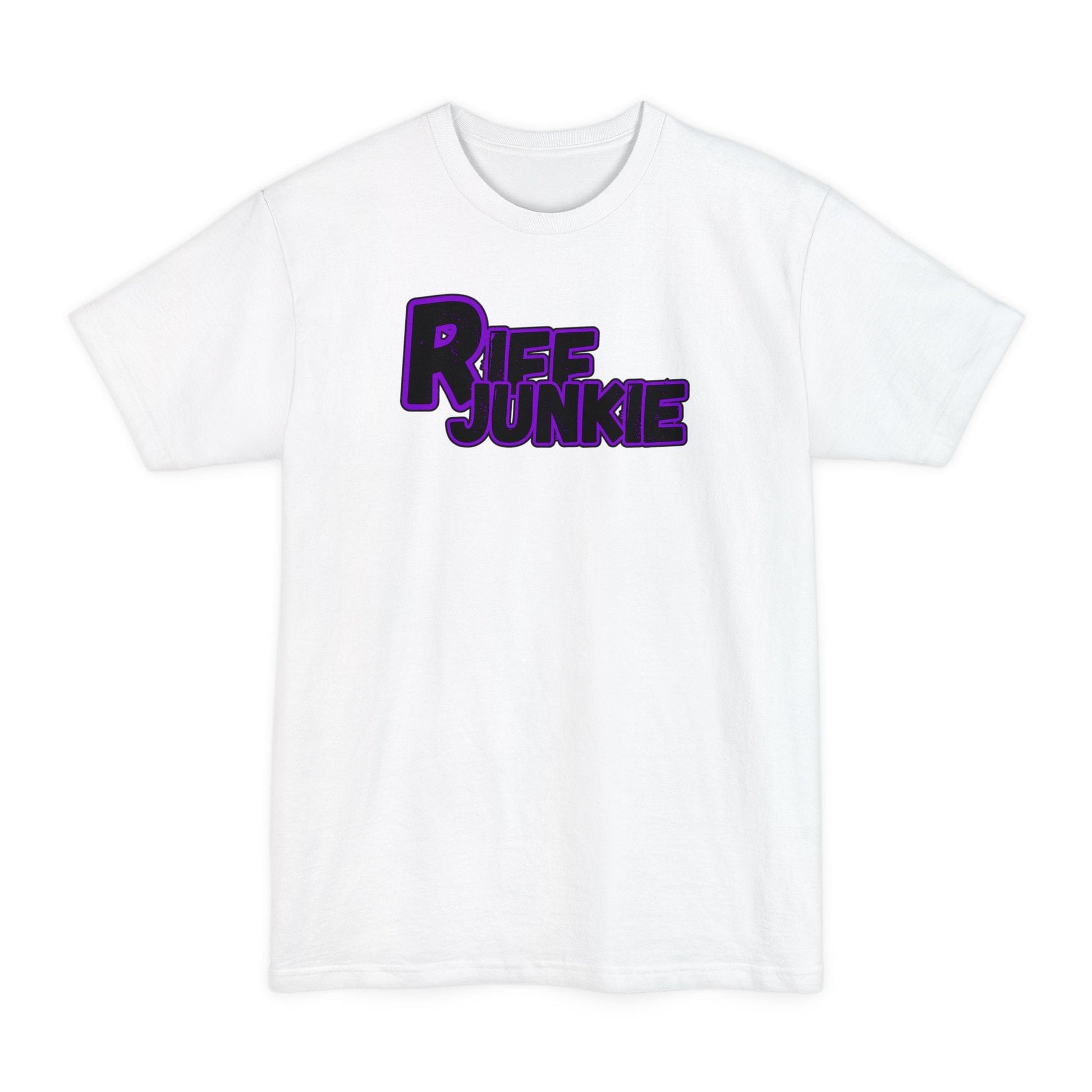 A black Riff Junkie Logo Stage Lights Edition Tall Fit white t-shirt featuring a glowing purple guitar-inspired logo on the front, designed with extra length for a comfortable fit.