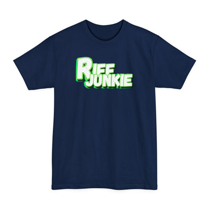 A Navy short-sleeve crewneck t-shirt featuring a bold graphic on the chest that reads 'Riff Junkie' in a stylized green and white font, displayed against a solid white background.