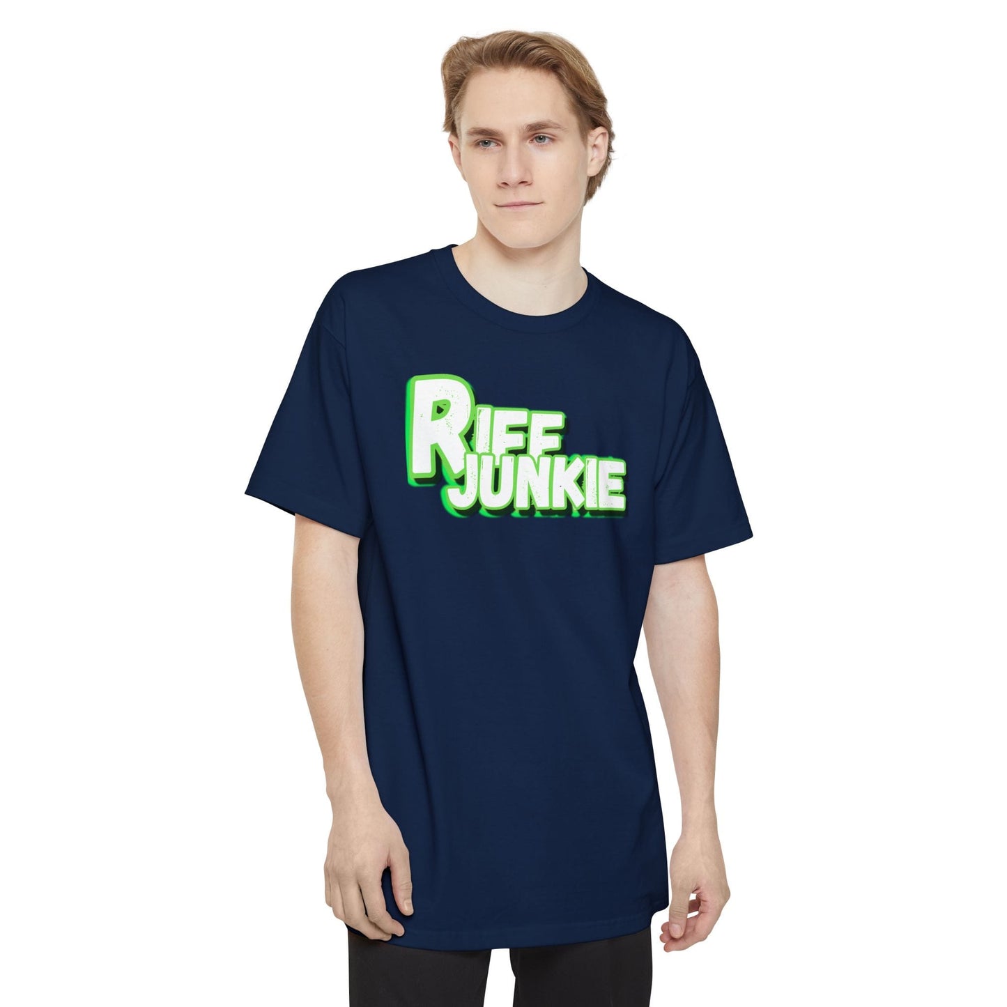 A man wearing a navy blue t-shirt with a green and white 'Riff Junkie' graphic on the chest, set against a plain white background.
