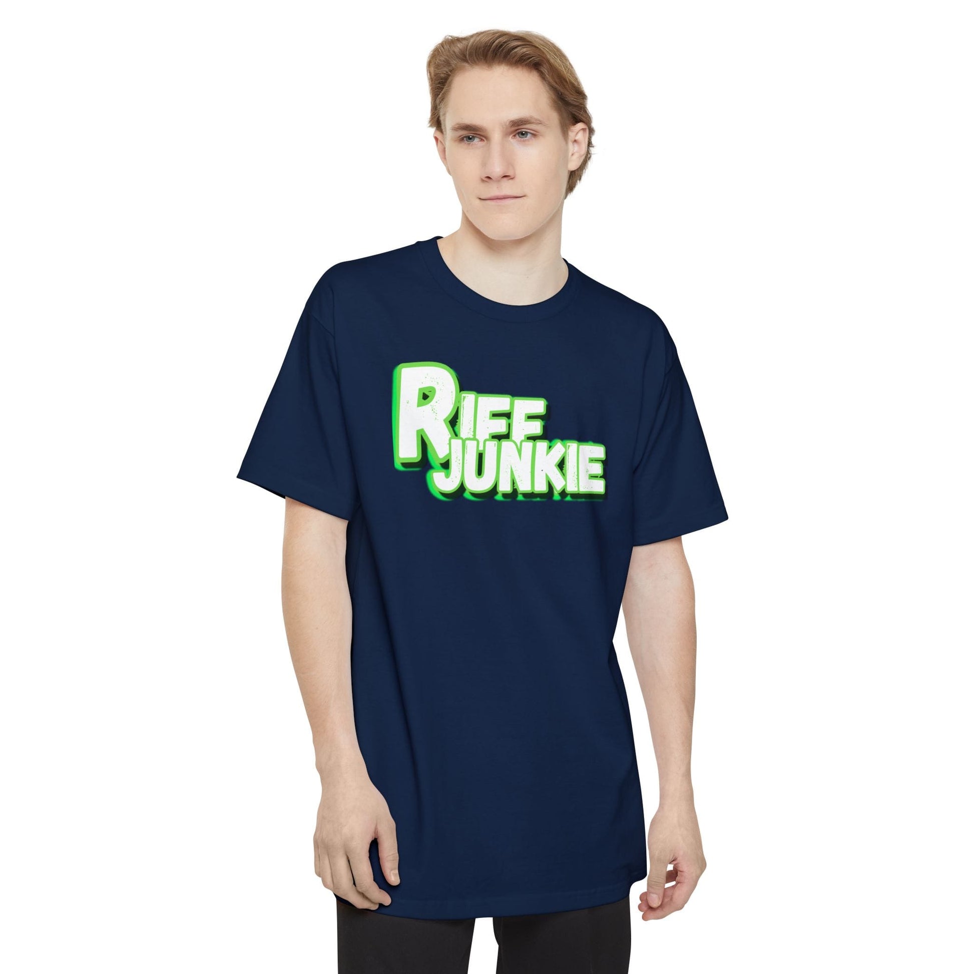 A man wearing a navy blue t-shirt with a green and white 'Riff Junkie' graphic on the chest, set against a plain white background.