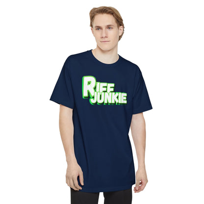 A man wearing a navy blue t-shirt with a green and white 'Riff Junkie' graphic on the chest, set against a plain white background.