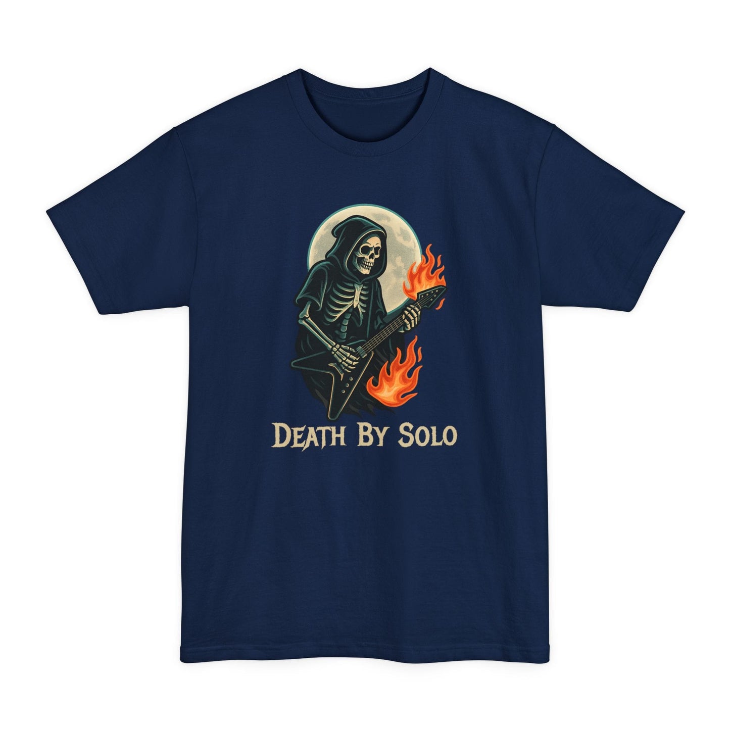 A navy short-sleeve t-shirt featuring a graphic of a grim reaper playing a guitar with flames, set against a full moon, with the text 'DEATH BY SOLO' printed below.