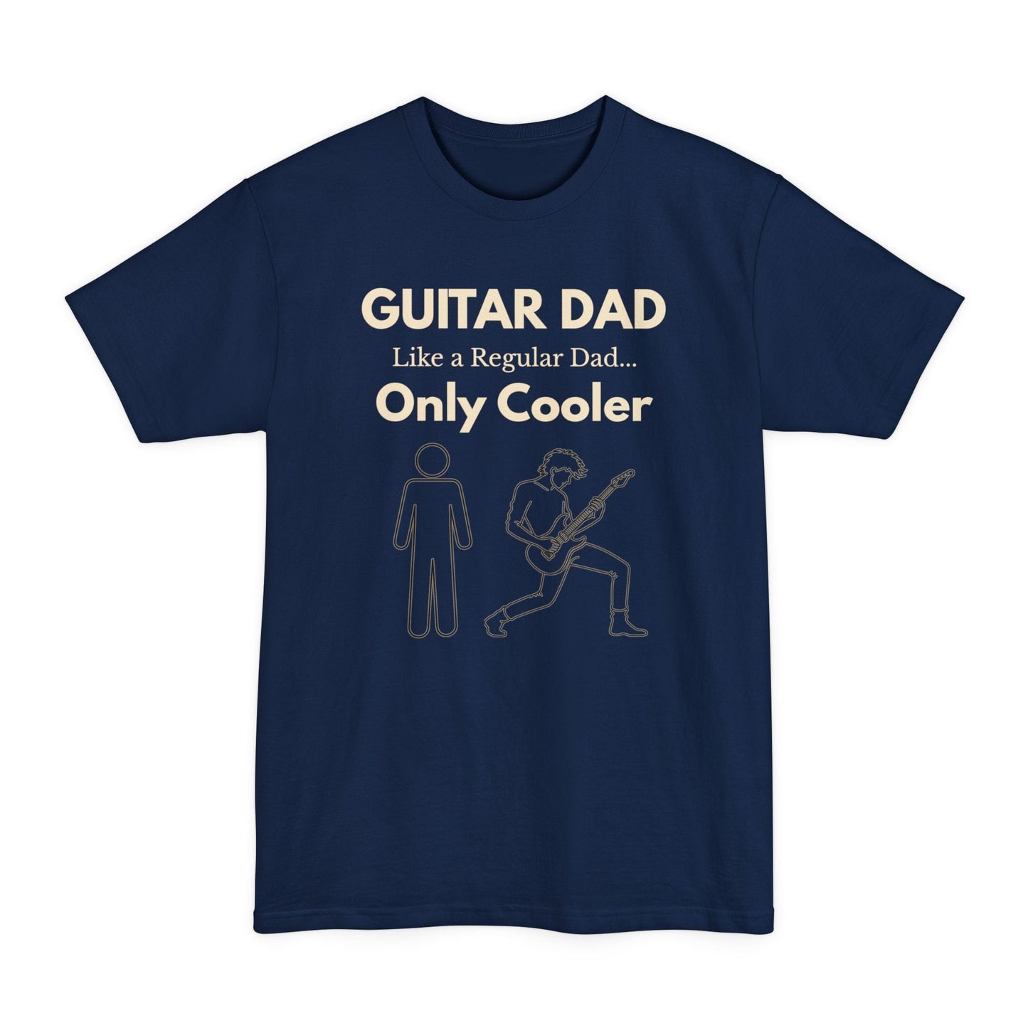 A Navy Guitar Dad Signature Edition Tall Fit t-shirt featuring an integrated guitar typography design on the front, created with extra length for a comfortable fit.