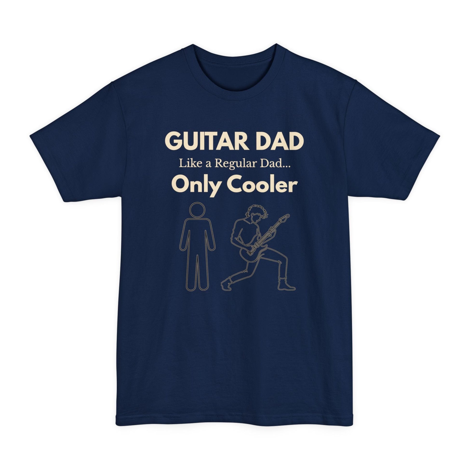 A Navy Guitar Dad Signature Edition Tall Fit t-shirt featuring an integrated guitar typography design on the front, created with extra length for a comfortable fit.