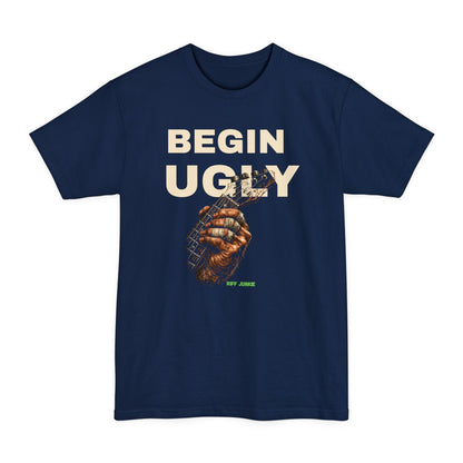 A navy short-sleeve t-shirt featuring a graphic print on the front. The design displays the text 'BEGIN UGLY' in a distressed cream-colored font above an illustration of a hand holding a guitar, with  "Riff Junkie" in neon green.