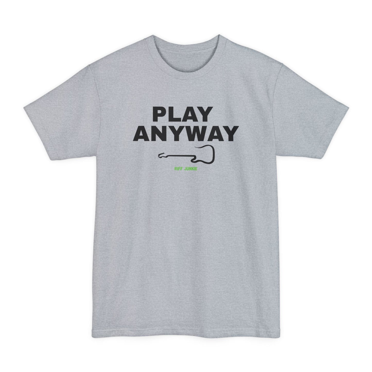 A gray short-sleeve t-shirt with a graphic on the chest that reads 'PLAY ANYWAY' in beige block letters above a beige guitar outline and small green 'Riff Junkie' text, shown on a plain white background.