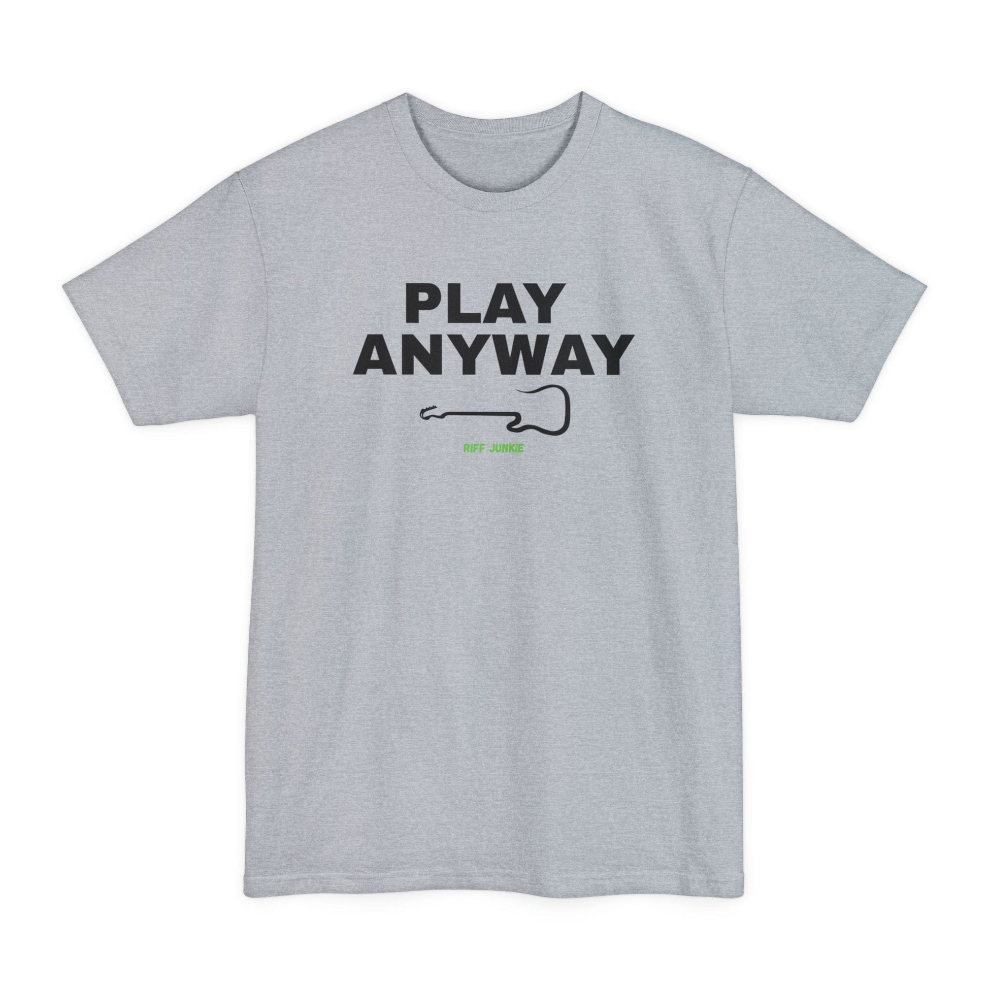 A gray short-sleeve t-shirt with a graphic on the chest that reads 'PLAY ANYWAY' in beige block letters above a beige guitar outline and small green 'Riff Junkie' text, shown on a plain white background.