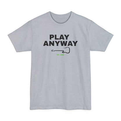A gray short-sleeve t-shirt with a graphic on the chest that reads 'PLAY ANYWAY' in beige block letters above a beige guitar outline and small green 'Riff Junkie' text, shown on a plain white background.