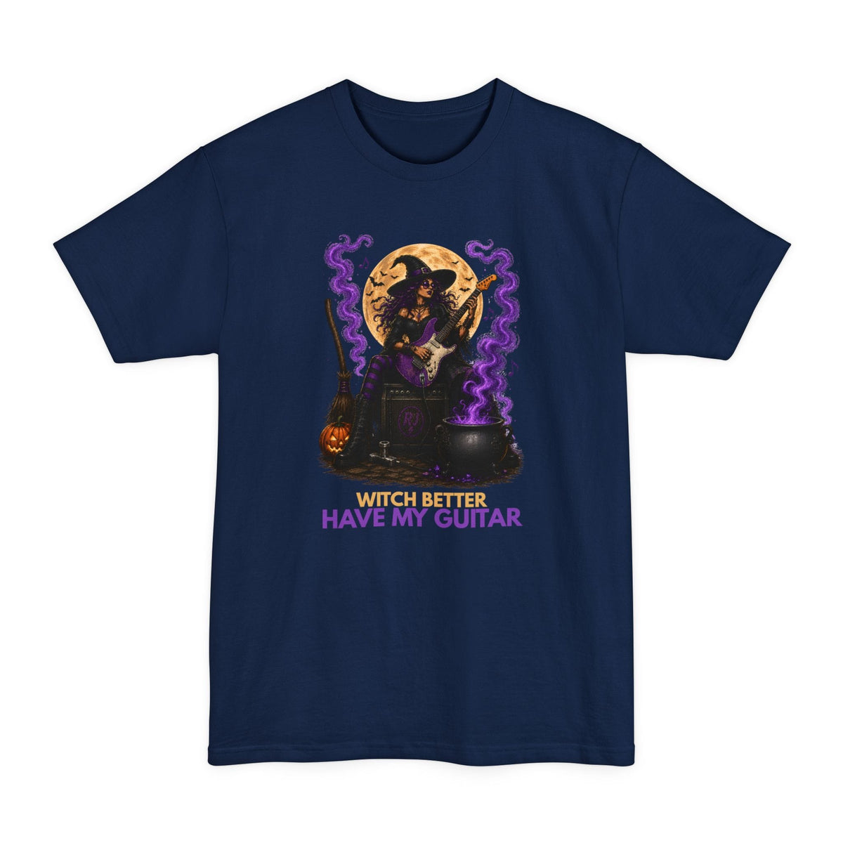 A navy short-sleeve crewneck t-shirt with Witch Better Have My Guitar Halloween graphic featuring a witch playing a purple electric guitar with a full moon, bats, purple smoke, cauldron and jack-o'-lantern.