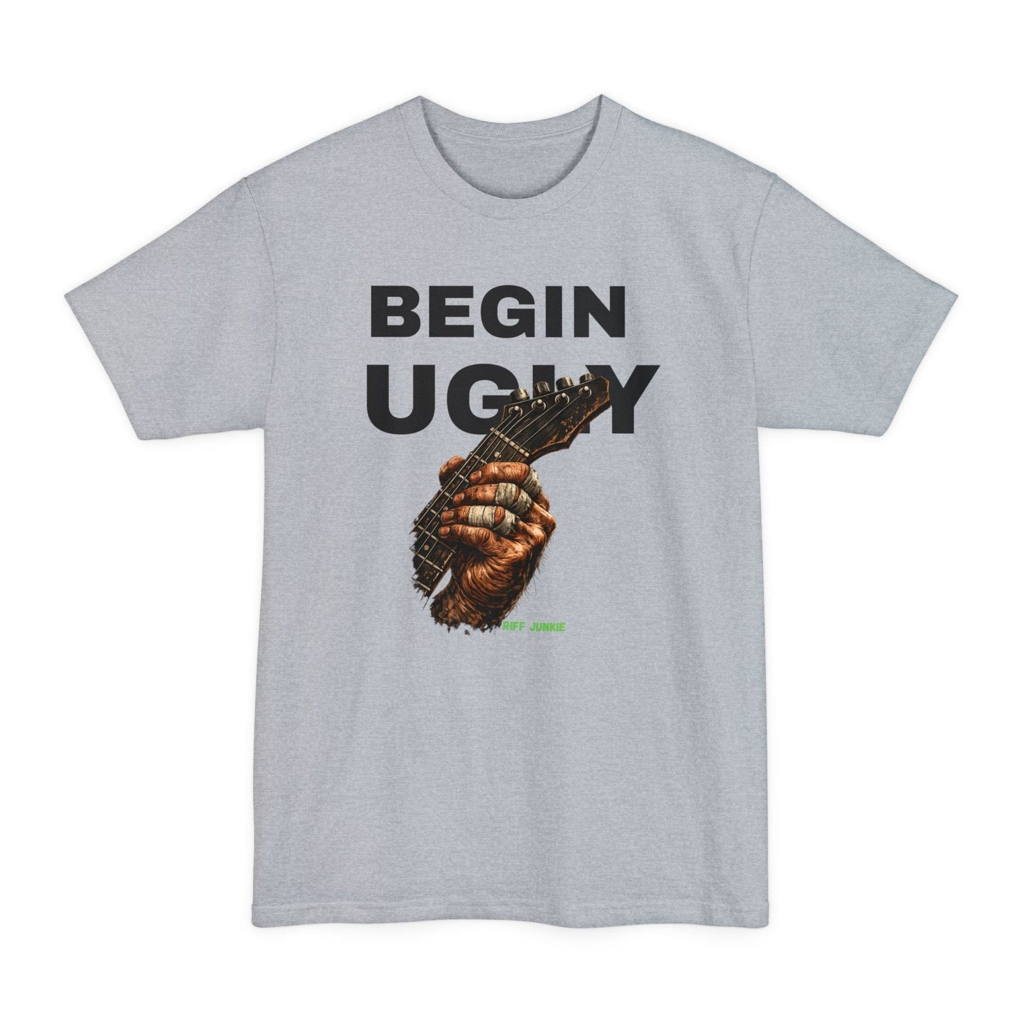 A gray short-sleeve t-shirt featuring a graphic print on the front. The design displays the text 'BEGIN UGLY' in a distressed cream-colored font above an illustration of a hand holding a guitar, with  "Riff Junkie" in neon green.