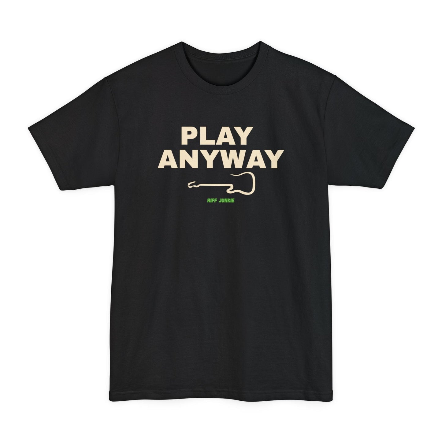 A black short-sleeve t-shirt with a graphic on the chest that reads 'PLAY ANYWAY' in beige block letters above a beige guitar outline and small green 'Riff Junkie' text, shown on a plain white background.