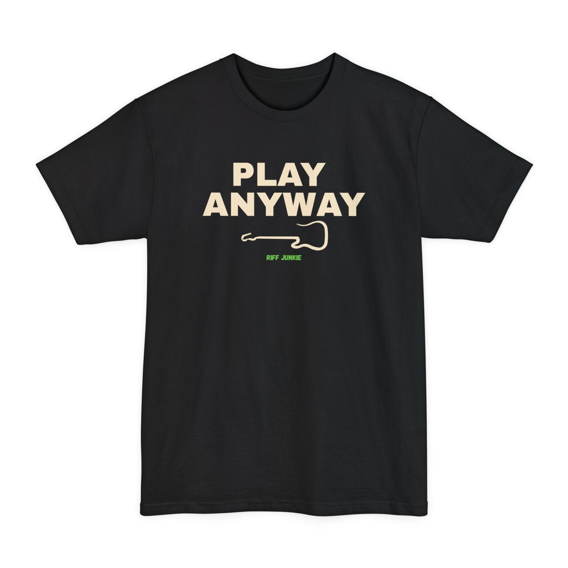 A black short-sleeve t-shirt with a graphic on the chest that reads 'PLAY ANYWAY' in beige block letters above a beige guitar outline and small green 'Riff Junkie' text, shown on a plain white background.