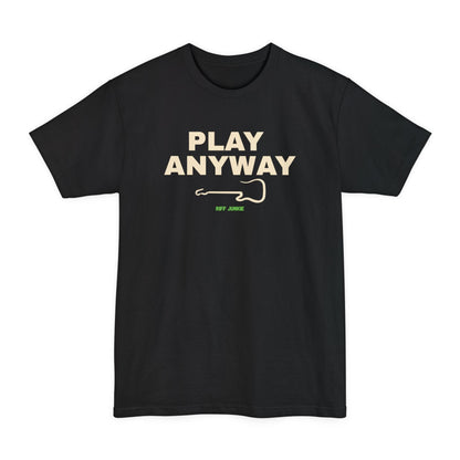 A black short-sleeve t-shirt with a graphic on the chest that reads 'PLAY ANYWAY' in beige block letters above a beige guitar outline and small green 'Riff Junkie' text, shown on a plain white background.