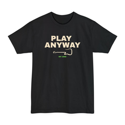 A black short-sleeve t-shirt with a graphic on the chest that reads 'PLAY ANYWAY' in beige block letters above a beige guitar outline and small green 'Riff Junkie' text, shown on a plain white background.