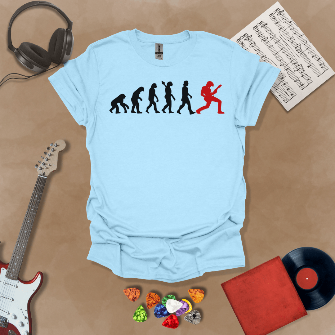 Light Blue t-shirt with a black and red evolution graphic, showing the progression from ape to modern human, ending with a red silhouette of a guitarist rocking out.