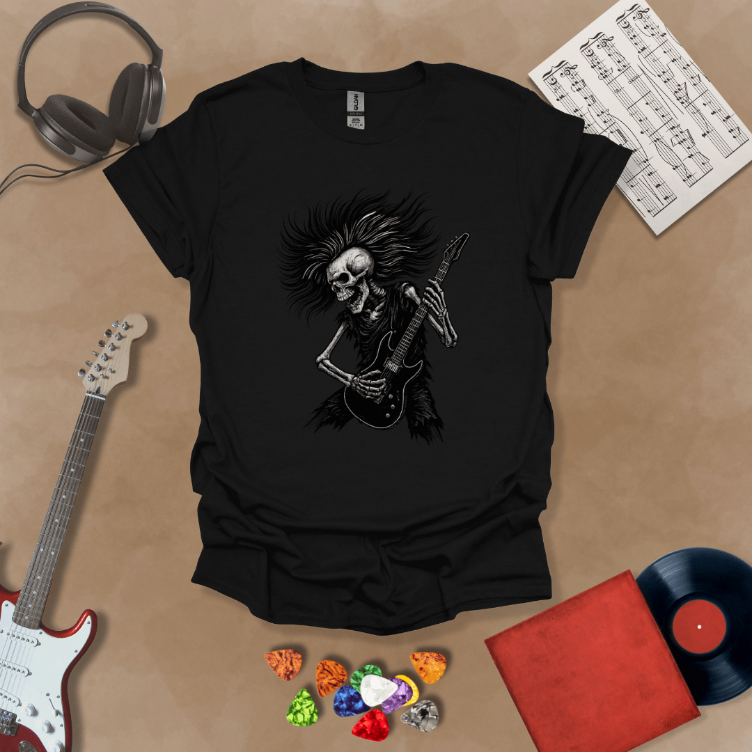 Skeleton with long hair playing guitar on a black shirt – hair metal rock t-shirt by Riff Junkie