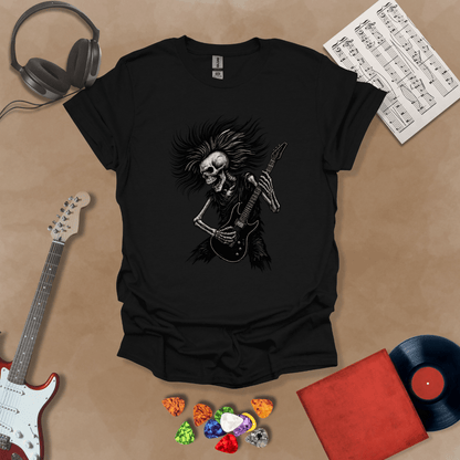 Skeleton with long hair playing guitar on a black shirt – hair metal rock t-shirt by Riff Junkie