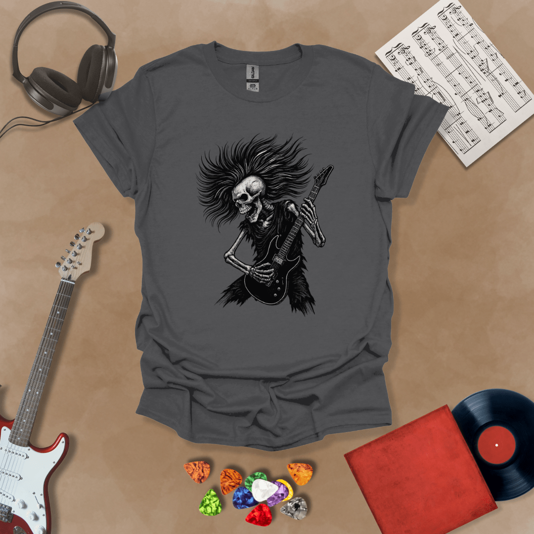 Skeleton with long hair playing guitar on a Gray shirt – hair metal rock t-shirt by Riff Junkie.