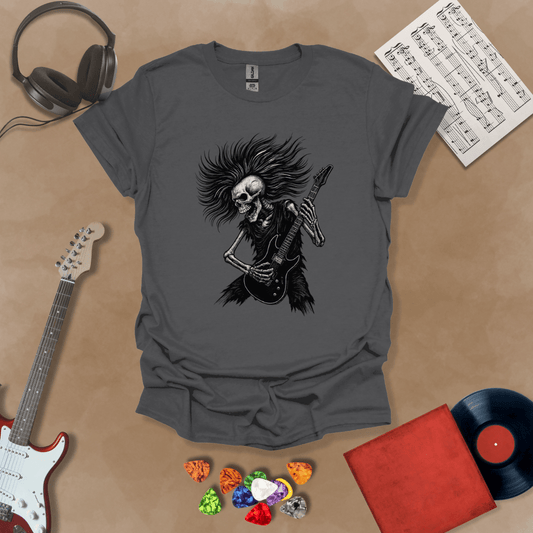 Skeleton with long hair playing guitar on a Gray shirt – hair metal rock t-shirt by Riff Junkie.