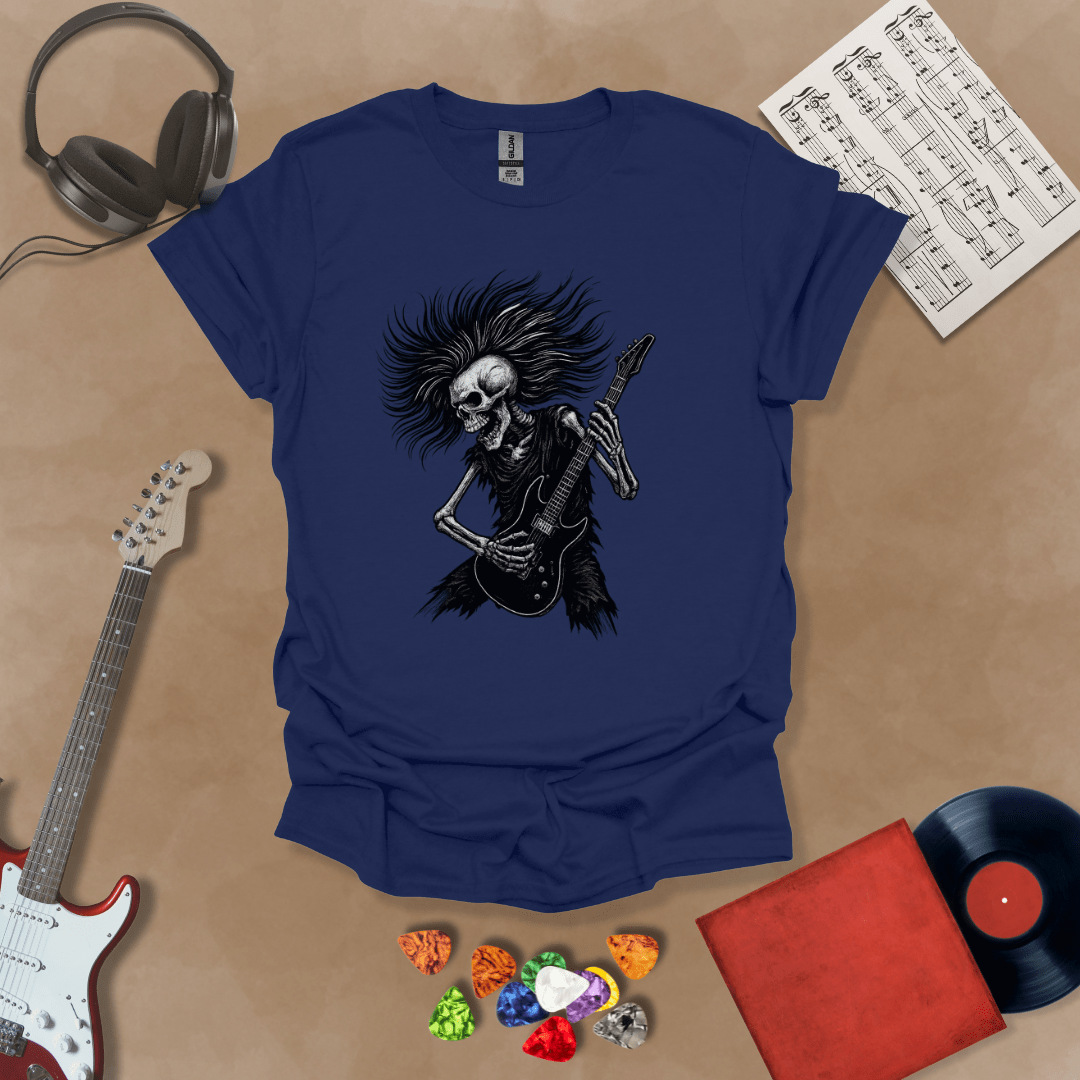 Skeleton with long hair playing guitar on a Blue shirt – hair metal rock t-shirt by Riff Junkie